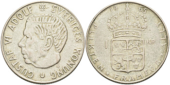 Швеция 1 крона 1965 U, Густав VI Адольф (1950-1973) KM 826 серебро 4126-831