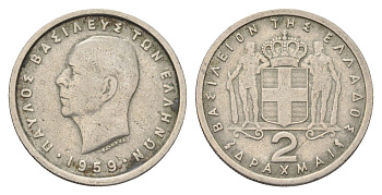 Греция 2 драхмы 1959 Павел I (1947-1964) KM 82 медно-никель    4660-716