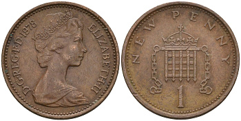 Великобритания 1 пенни 1978 Елизавета II (1952-2022) KM 915, Spink 4237 (B1) бронза 4115-712