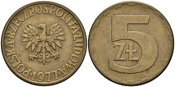 Польша 5 злотых 1977 монетный двор Ленинград (ЛМД) KM 81.1, Parchimowicz 221c латунь 4364-433
