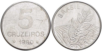 БРАЗИЛИЯ 5 КРУЗЕЙРО 1980 РЕФОРМА 1967-1985, КОФЕ KM 591 нержавеющая сталь 4384-1245