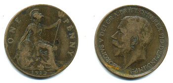 Великобритания 1 пенни 1912 Георг V (1910-1936) KM 810, Spink 4051 бронза 47-832