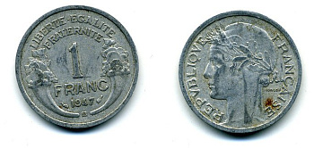 ФРАНЦИЯ 1 ФРАНК 1947 B KM 885a.2 алюминий 37-146