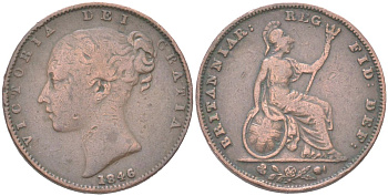 Великобритания 1 фартинг 1846 Виктория (1837-1901), редкий год KM 725, Spink 3950 медь 4613-413