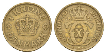 Дания 1 крона 1925 HCN, Кристиан X (1912-1947) KM 824 алюминиевая бронза 4657-316