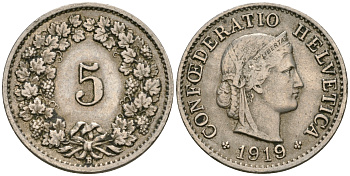 Швейцария 5 раппенов 1919 В KM 26 медно-никель 08-1355