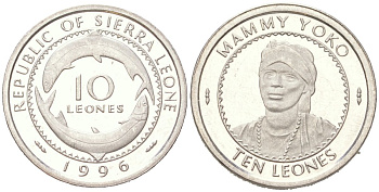 Сьерра-Леоне 10 леоне 1996 KM 44 сталь плакированная никелем PROOF 1527-343