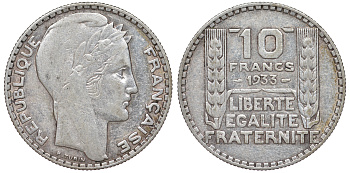 Франция 10 франков 1933 Пьер Тюрен KM 878, Le Franc 360.6 серебро 4178-941