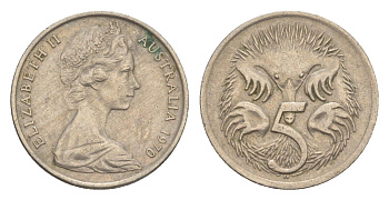 Австралия 5 центов 1970 Елизавета II (1952-2022) молодой портрет, ехидна KM 64 медно-никель 4160-747