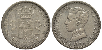 ИСПАНИЯ 50 СЕНТИМО 1904 S.M.V., АЛЬФОНСО XIII KM 723 серебро 413-4341