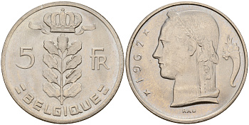 Бельгия 5 франков 1967 Belgique KM 134.1 медно-никель  UNC  4187-233