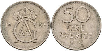 Швеция 50 эре 1963 U, Густав VI Адольф (1950-1973) KM 837 медно-никель 4380-442
