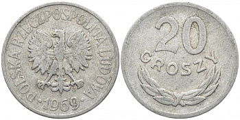 ПОЛЬША 20 ГРОШЕЙ 1969 MW KM А47 алюминий 4448-425