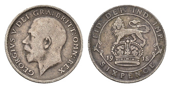 Великобритания 6 пенсов 1918 Георг V (1910-1936) KM 815, Spink 4014 серебро 4181-939