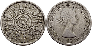 Великобритания 2 шиллинга (флорин) 1955 Елизавета II (1952-2022) KM 906, Spink 4146 медно-никель 83-1811