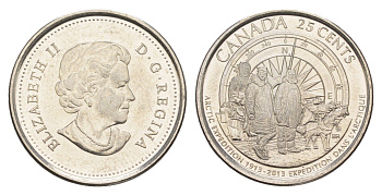 Канада 25 центов 2013 100 лет со дня Канадской арктической экспедиции KM 1547 сталь плакированная никелем UNC 4652-1155
