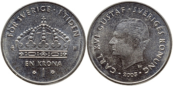 Швеция 1 крона 2005 Карл XVI Густав (1973- ) KM 894 медно-никель 93-435