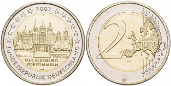 ФРГ 2 евро 2007 F, серия федеральные земли, Мекленбург-Передняя Померания, Шверинский замок KM 260 биметалл UNC 1094-6-65