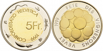Швейцария 5 франков 1999 Винный фестиваль KM 86 биметалл PROOF 1087-3-54
