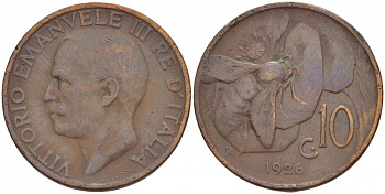 ИТАЛИЯ 10 ЧЕНТЕЗИМО 1926 R, ВИКТОР ИММАНУИЛ, ПЧЕЛА KM 60 медь 4544-1055