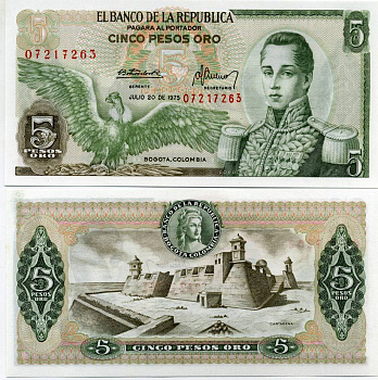 Колумбия 5 песо 1975 Хосе Мария Кордова, Картахена Pick 406e бумага UNC (пресс) 447-44-1