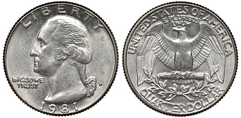 США 25 ЦЕНТОВ = КВОТЕР 1981 D, ВАШИНГТОН KM А164а медь покрытая медно-никелем 72-352