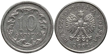 Польша 10 грошей 2001 MW KM 279, Parchimowicz 704h медно-никель 201-444