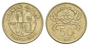 Исландия 50 крон 1992 KM 31 никель латунь 4635-144