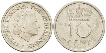 Нидерланды 10 центов 1957 Юлиана (1948-1980) KM 182 никель 214-1146