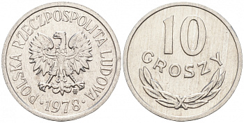 ПОЛЬША 10 ГРОШЕЙ 1978 MW KM АА47 алюминий UNC 99-857
