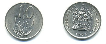 ЮАР 10 ЦЕНТОВ 1970 ГЕРБ, ЦВЕТОК АЛОЭ KM 85 никель UNC 86-1241