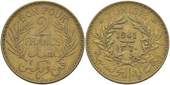 ТУНИС 2 ФРАНКА 1941 АН1360, ANONYMOS RULER (АНОНИМНОЕ ПРАВЛЕНИЕ) ТОКЕН KM 248 алюминиевая бронза 4526-234