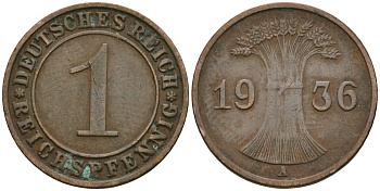 Германия 1 рейхспфенниг 1936 A KM 37, J. 313 бронза 4528-1252