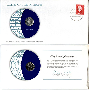Нидерланды 25 центов 1979 конверт с маркой первого дня гашения, Coins of Nations KM 183 никель UNC 4295-9-1