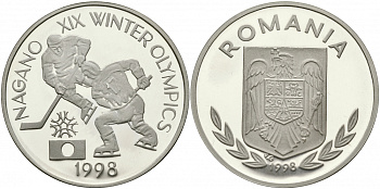 Румыния 100 лей 1998 Олимпийские игры в Нагано, хоккей KM PnE 350 Серебро PROOF 00-822-25
