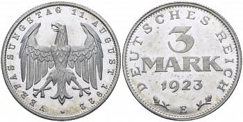 Германия 3 марки 1922 E, третья годовщина Веймарской конституции KM 29, J. 303 алюминий PROOF 00-814-30