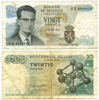 Бельгия 20 франков 1964 Бодуэн I, атомиум, Kestens Pick 138 (3) бумага 3295-49-3-1