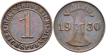 ГЕРМАНИЯ 1 РЕЙХСПФЕННИГ 1930 D KM 37, J. 313, Weege 2 бронза 4547-149