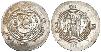 Аббасидский Халифат 1/2 дирхема 771 - 791 Табаристан, голова правителя/два огнепоклонника, extremely fine серебро 1073-18-35