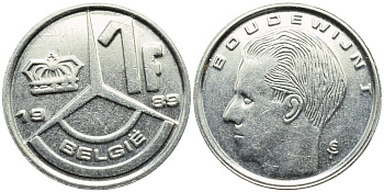 БЕЛЬГИЯ 1 ФРАНК 1989 BELGIE KM 171 железо плакированное никелем 3999-1169