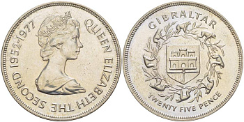 Гибралтар 25 пенсов 1977 25 лет правления Елизаветы II (1952-1977) KM 10 медно-никель 4527-413