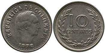 Колумбия 10 сентаво 1972 KM 253 сталь плакированная никелем 4528-658
