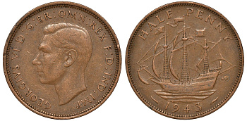 Великобритания 1/2 пенни 1943 Георг VI (1936-1952) KM 844, Spink 4115 бронза 4163-555