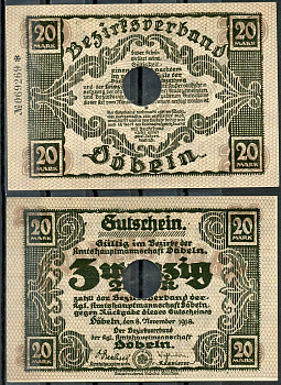 Германия, Дёбельн 20 марок 1918 нотгельд, 8.11.1918, цифры черные, малые Geiger 105.02  бумага  UNC (пресс) 444-128-1-1
