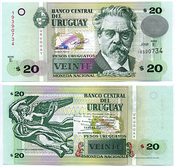 Уругвай 20 песо 2008 Хуан Соррилья де сан Мартин, поэт Pick 86а бумага UNC (пресс) 6294-74-2-2