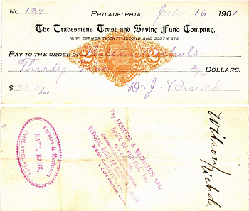 США чек на 35,24 долларов 1901 Филадельфия бумага 3295-115-1-1