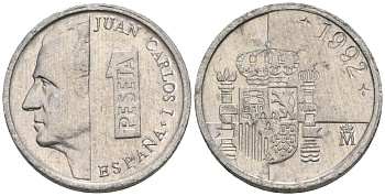 Испания 1 песета 1992 M, Хуан Карлос I (1975-2014) KM 832 алюминий 4602-1153