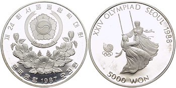Южная Корея 5000 вон 1987 XXIV Летние Олимпийские игры в Сеуле 1988 года, девушки на качелях KM 67 серебро PROOF 1076-10-53