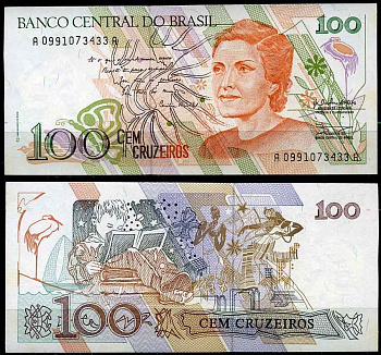 Бразилия 100 крузейро 1990 серия A 0991, Сесилия Мейреллеш Pick 228 бумага UNC (пресс) 2197-43-1-2