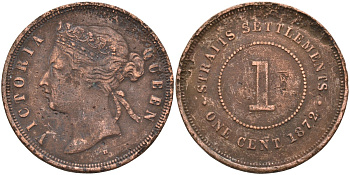 Стрейтс-Сетлментс 1 цент 1872 Виктория (1837-1901), Ост-Индская компания KM 9 медь 4590-315